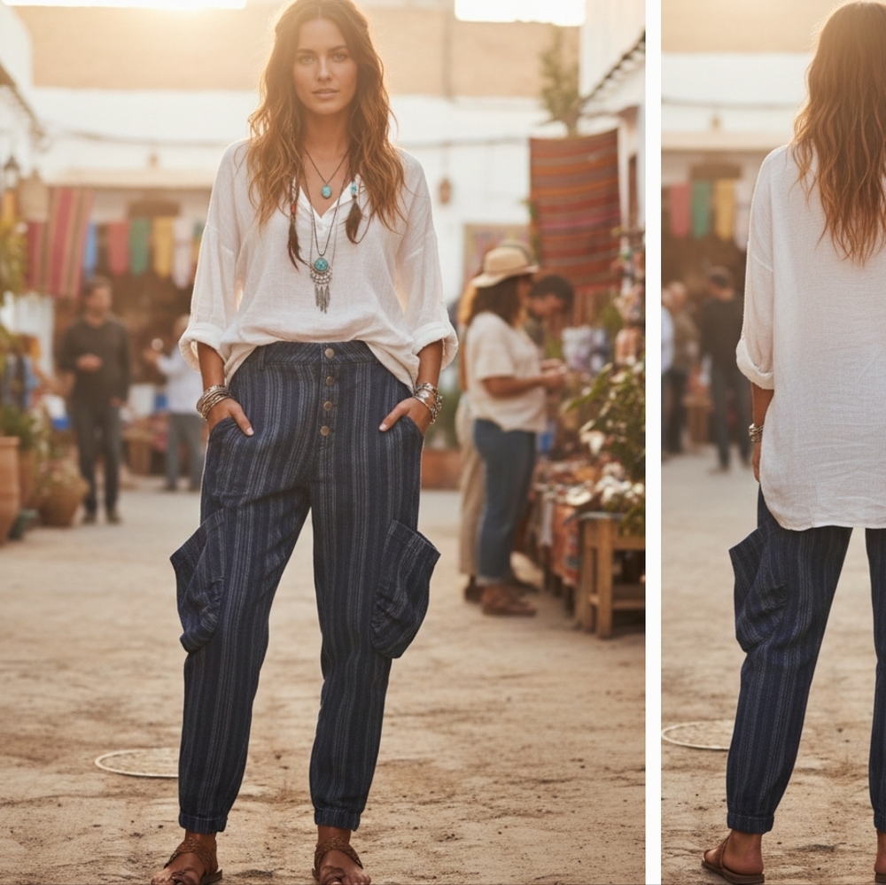 Jaded Gypsy Spiral Cluster Denim Pinstripe Cargo Pants Boho L/XL - Picture 15 of 15